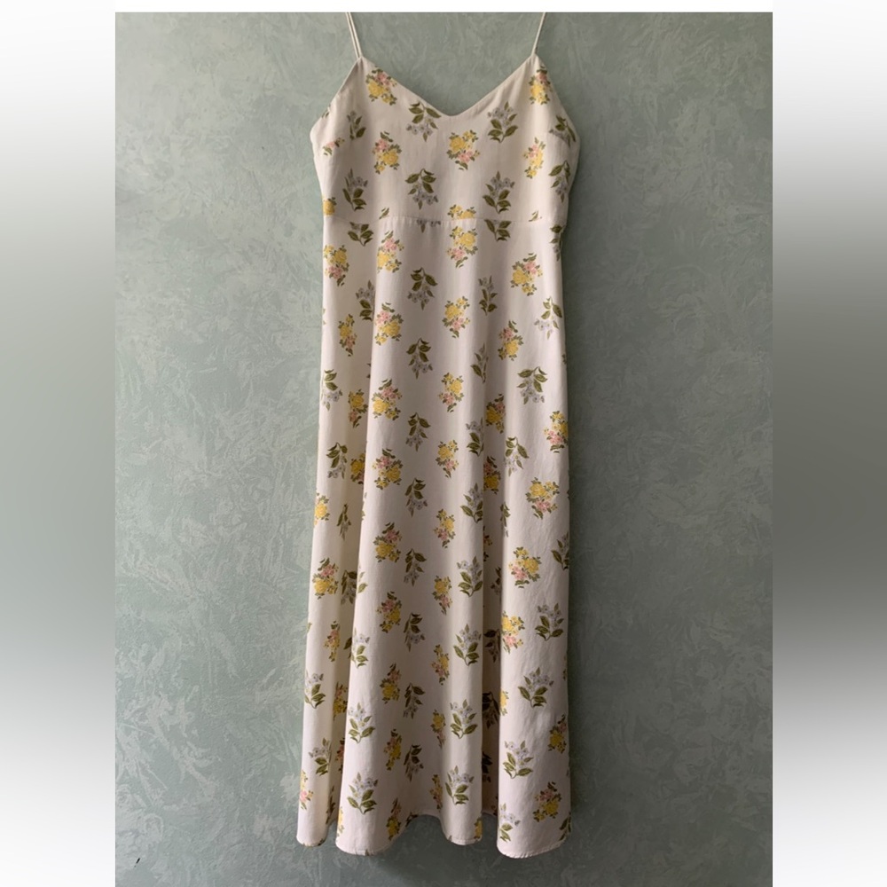 Zara Ecru/White Midi Slip Dress with Yellow, Blue, Pink, Green Floral Print L